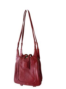 Lou Taylor Womens Leather Accordion Shoulder Bag Red Kiss Lock Closure Vintage